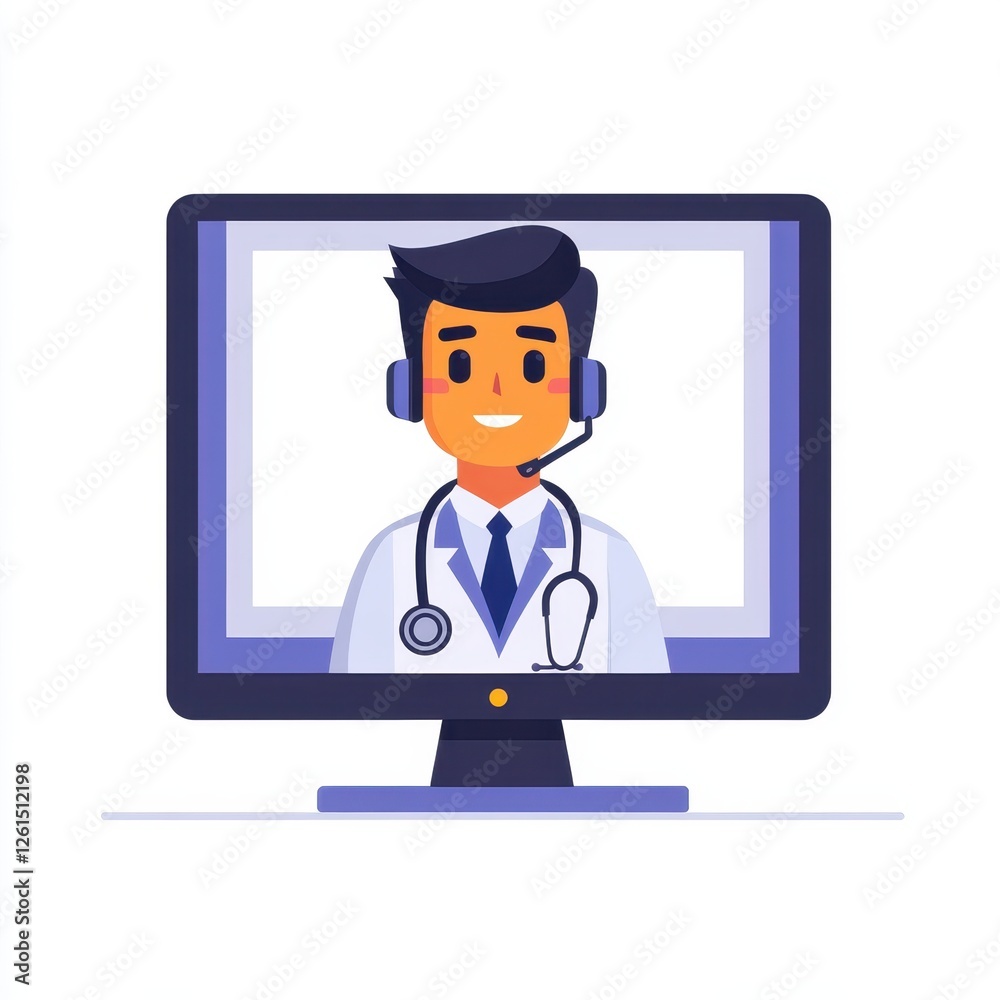 Doctor consulting on computer screen with telemedicine vector icon isolated on white background