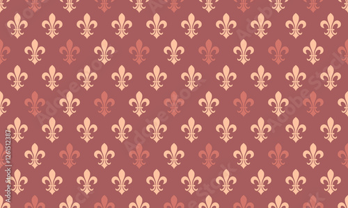 Symmetry 2025 as pattern monarchy. Revival antique queen fleur de lys. Fabric emblem of seamless pattern elegance.
