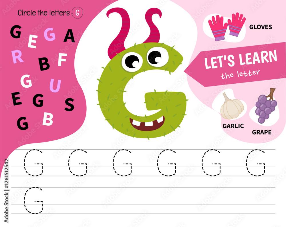 Obraz premium Kids learning material. Worksheet for learning alphabet. Letter G. Illustration of cute cartoon monster letters. 