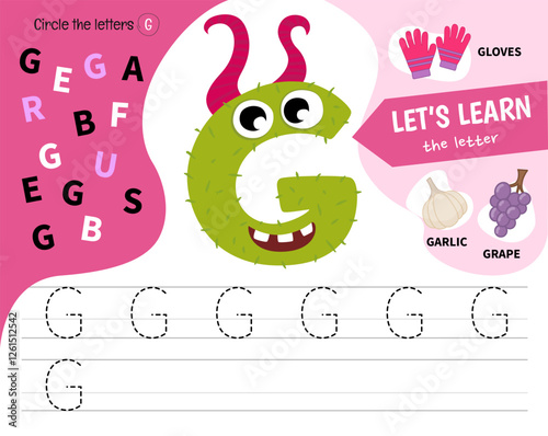 Kids learning material. Worksheet for learning alphabet. Letter G. Illustration of cute cartoon monster letters.
