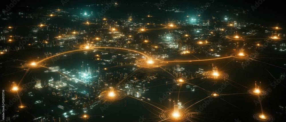 Naklejka premium Futuristic Cityscape: Networked Metropolis at Night