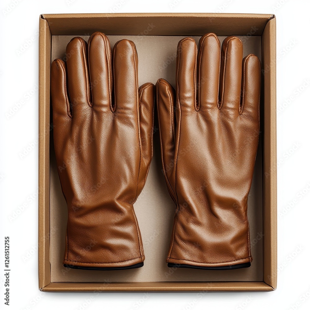 Obraz premium Brown leather gloves in a box isolated on a white background for product display and fashion purposes