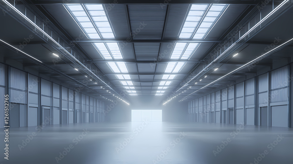 Huge abandoned warehouse with soaring ceilings and symmetrically placed lights that suggest economic decline. Echoing Ruins. Illustration Huge abandoned warehouse with soaring ceilings and symmetrically placed lights that suggest economic decline. Echoing Ruins. Illustration