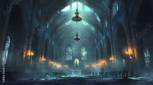 Huge abandoned warehouse with soaring ceilings and symmetrically placed lights that suggest economic decline. Echoing Ruins. Illustration