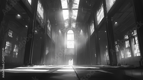 Huge abandoned warehouse with soaring ceilings and symmetrically placed lights that suggest economic decline. Echoing Ruins. Illustration