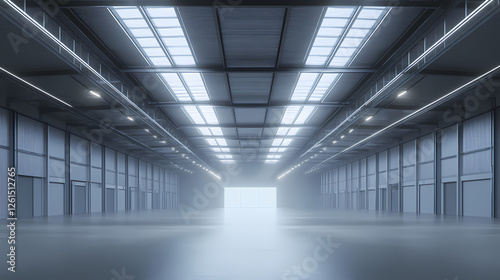 Huge abandoned warehouse with soaring ceilings and symmetrically placed lights that suggest economic decline. Echoing Ruins. Illustration