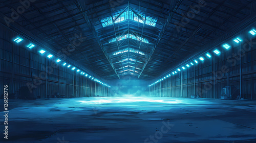 Huge abandoned warehouse with soaring ceilings and symmetrically placed lights that suggest economic decline. Echoing Ruins. Illustration