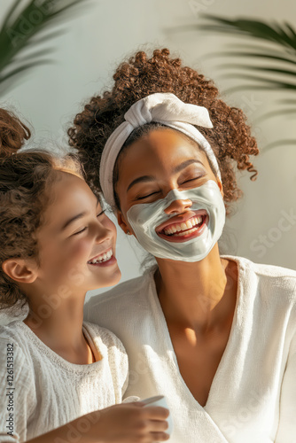 Mother and daughter share a beauty moment with face mask and happy smiles.