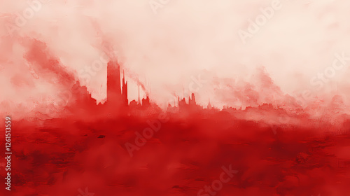 Scarlet mist, a crimson fog envelops a desolate wasteland, echoing the haunting stories of a forgotten battle, remnants of conflict linger in the air. Echoing Ruins. Illustration photo