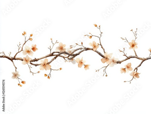 A delicate branch adorned with soft, pale flowers, elegantly curved against a white background, evoking a serene and natural aesthetic.
