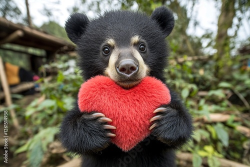 Digital ads animal creative. Cute himalayan black bear baby with fluffy red heart on in a natural habitat. Himalayan black bear - my desired animal. Romantic wildlife art. Cute wildlife moment. photo