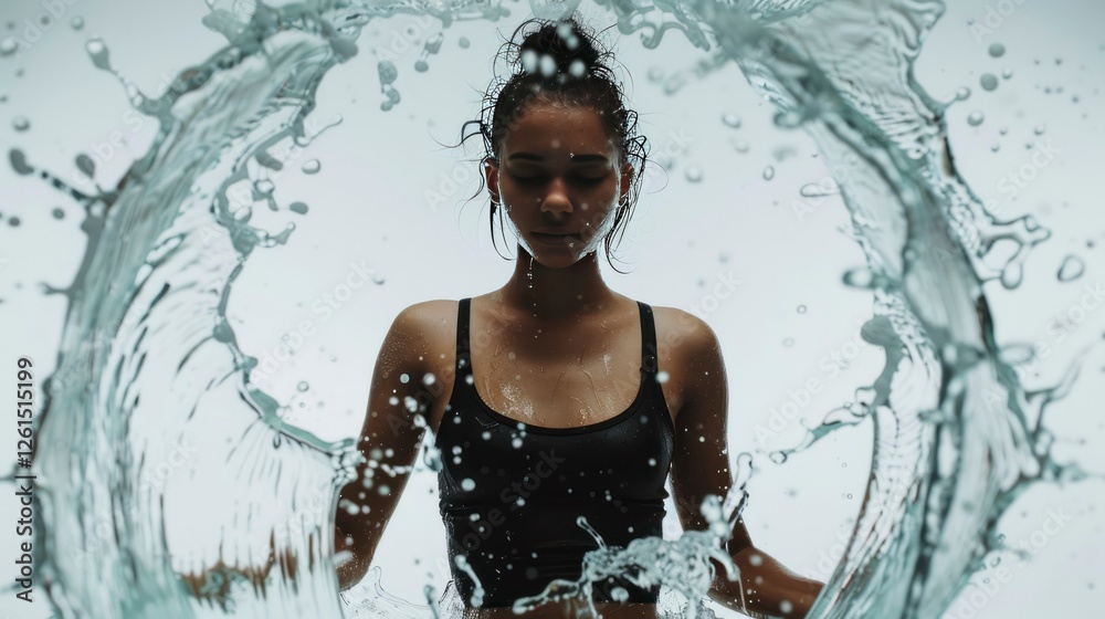 Obraz premium Woman immersed in water creates stunning splashes against a white background in a serene moment of reflection and movement
