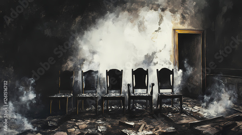 Charred wood, lingering smoke. ghosts of laughter echo in the vacant chairs. Echoing Ruins. Illustration photo