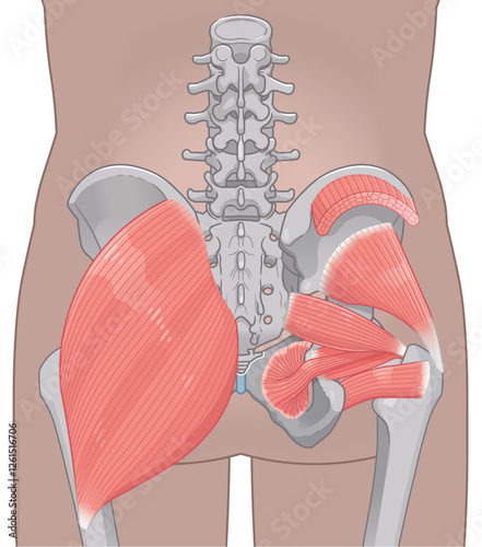 梨状筋、内閉鎖筋、大腿方形筋、小殿筋、gluteus minimus、中殿筋、gluteus medius、股関節、骨盤、筋肉、イラスト、illustration