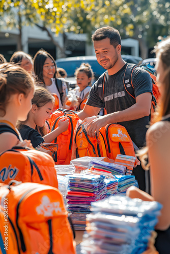 Volunteers hand out bright orange backpacks and school supplies to excited kids.