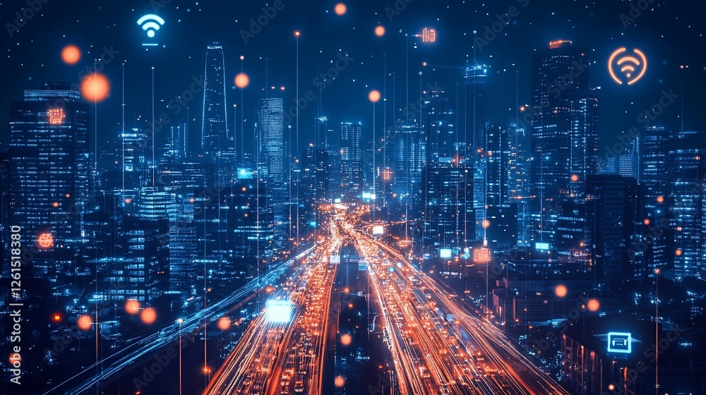 Fototapeta premium Futuristic Cityscape at Night with Data Streams and Light Trails on Busy Highway