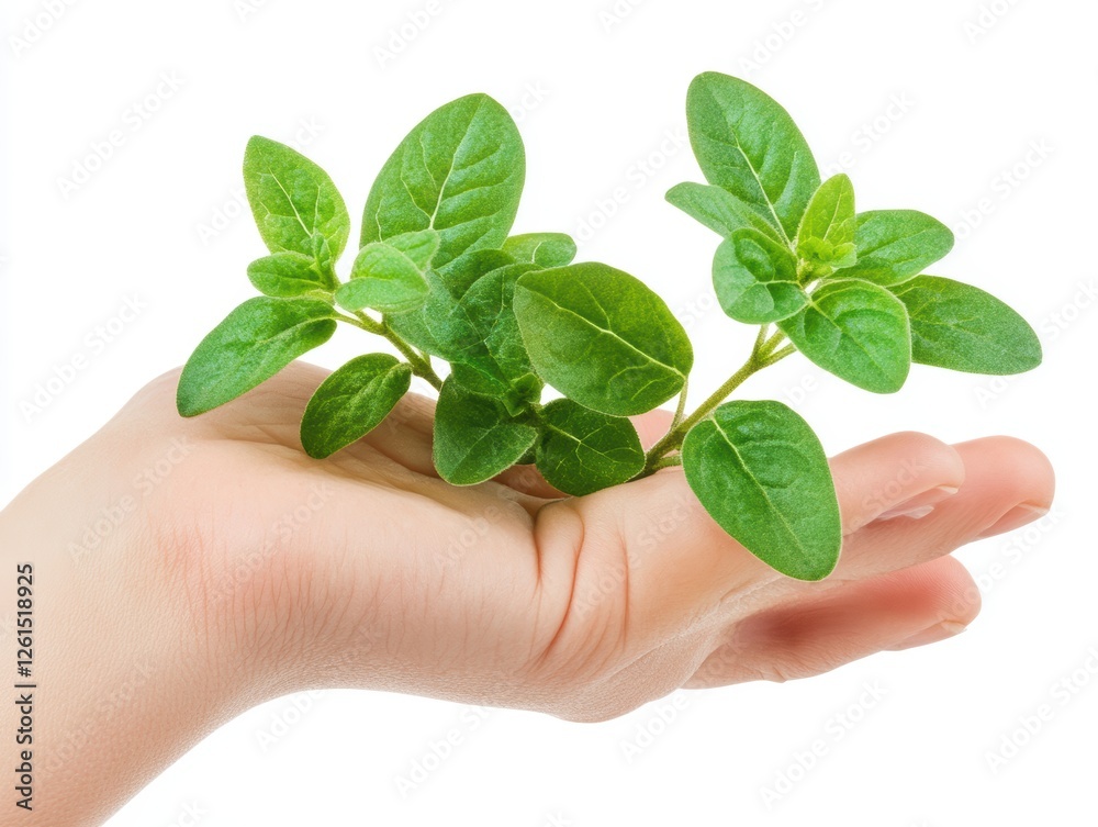 Woman's hand holding oregano plant Woman's hand holding oregano plant