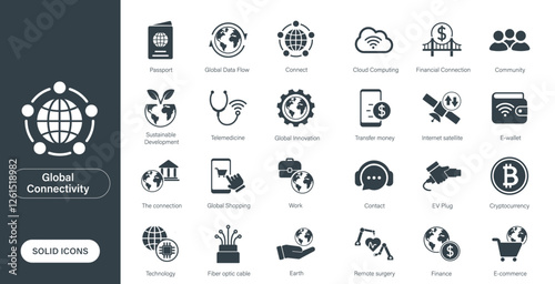Solid vector icon on global connectivity, globalization, telecommunications, technology.