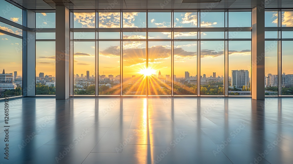 Fototapeta premium Spacious office interior with large window providing city view and natural light for a productive workspace