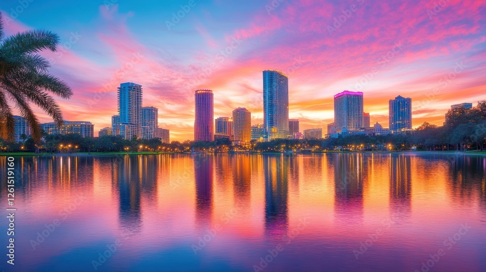 Fototapeta premium Lake Eola Park's Stunning Sunset Reflection of Downtown Orlando Skyline