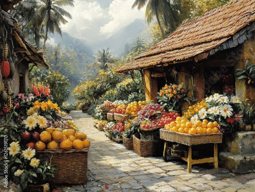 Vibrant Tropical Market: A Painterly Scene of Fruit Baskets and Colorful Flowers Against a Lush Landscape with Huts and Distant Mountains.