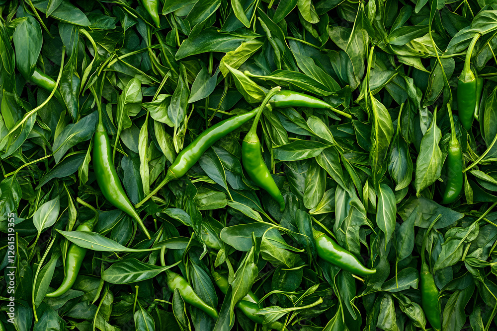 Green Chili Peppers and Leaves Green Chili Peppers and Leaves