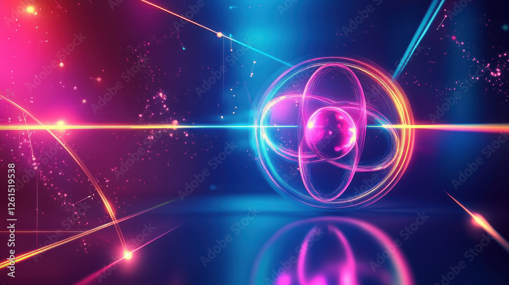 Obraz premium Abstract, neon-glowing, futuristic background with an atomic model