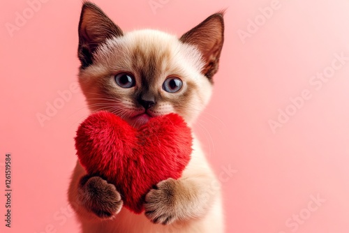 Promotion visual idea. Burmese - my preferred cat. Cute burmese baby cat cub with fluffy red heart - sign of love, funny greeting card. Fluffy animal valentine's day. Fluffy valentine cat.