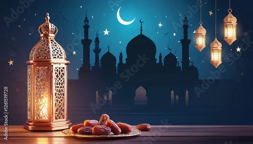 Ramadan lantern background with mosque and night sky