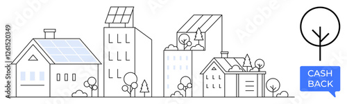Solar panels on rooftops, various buildings and trees convey sustainability. Cash back incentive icon. Ideal for renewable energy, eco-conscious living, community development, financial savings