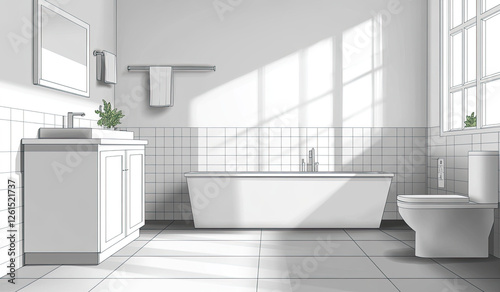 Modern bathroom sketch interior design, sunlight through window, empty room photo