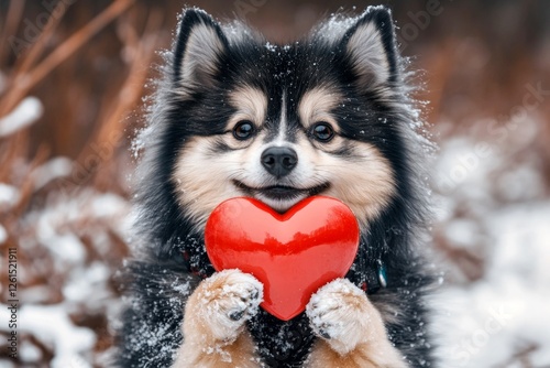 Cute finnish lapphund dog with diamond red heart on a walk in a winter garden. Digital ads furry friend creative. Finnish lapphund - my cherished dog, symbol of friendship. Cute puppy love. photo