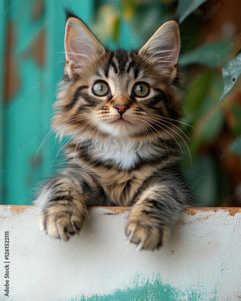 A playful tabby kitten perched on a ledge, surrounded by vibrant greenery in a cozy setting A playful tabby kitten perched on a ledge, surrounded by vibrant greenery in a cozy setting