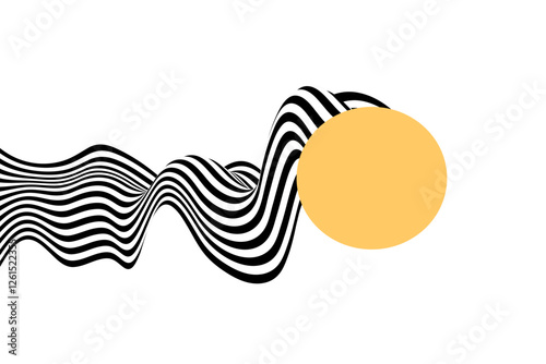 Abstract black and white wave is decorated with an orange circle.