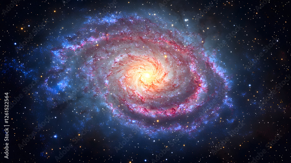 Stunning spiral galaxy ablaze with vibrant colors. A cosmic swirl of red, blue, and orange gas and dust, punctuated by countless stars in a deep black space. Stunning spiral galaxy ablaze with vibrant colors. A cosmic swirl of red, blue, and orange gas and dust, punctuated by countless stars in a deep black space.