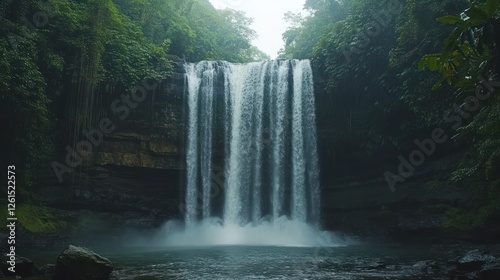 Lush rainforest waterfall, misty scene, tranquil pool, nature travel