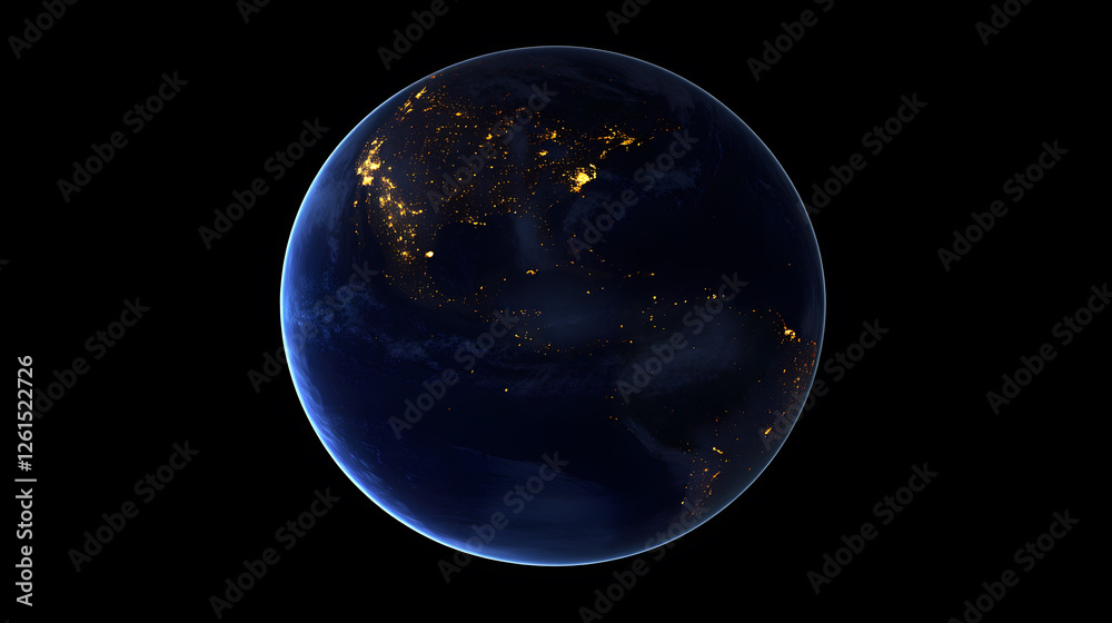 Obraz premium Stunning night view of Earth from space, showcasing the bright city lights of North and South America against the dark backdrop of space. A beautiful depiction of our planet's vibrant energy.