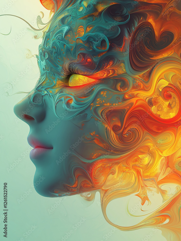 Surreal abstract portrait of a woman with swirling vibrant patterns and glowing eyes in fantasy digital art style Surreal abstract portrait of a woman with swirling vibrant patterns and glowing eyes in fantasy digital art style