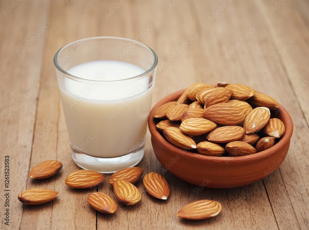 Almond Milk and Almonds on Wooden Table Almond Milk and Almonds on Wooden Table