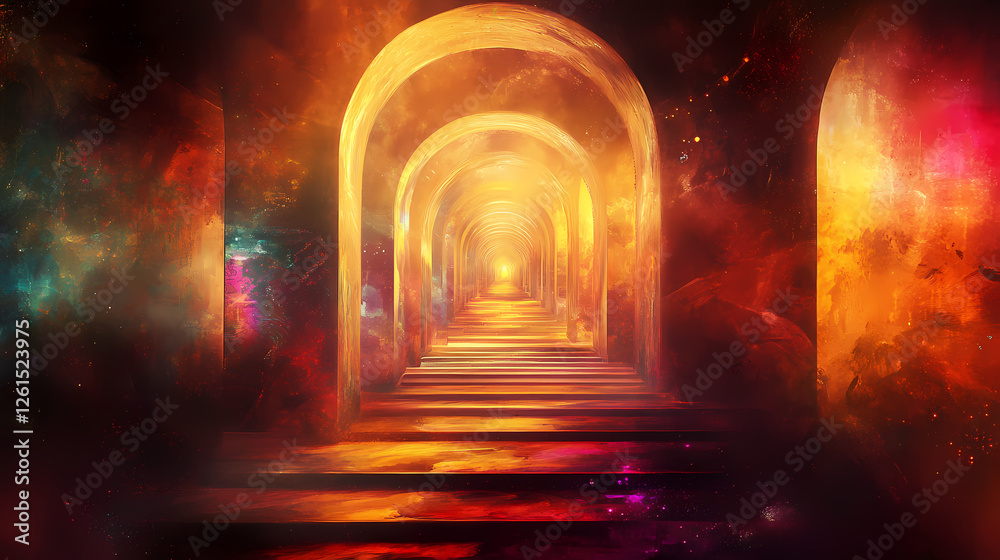 A dimensional passage through time and space mystical ethereal hallway with glowing artifacts and vibrant impressionistic lighting. Temporal Corridors. Illustration