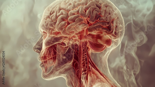 Anatomical illustration of human brain showing the cerebrum, brainstem, and cranial nerves. Temporal Corridors. Illustration