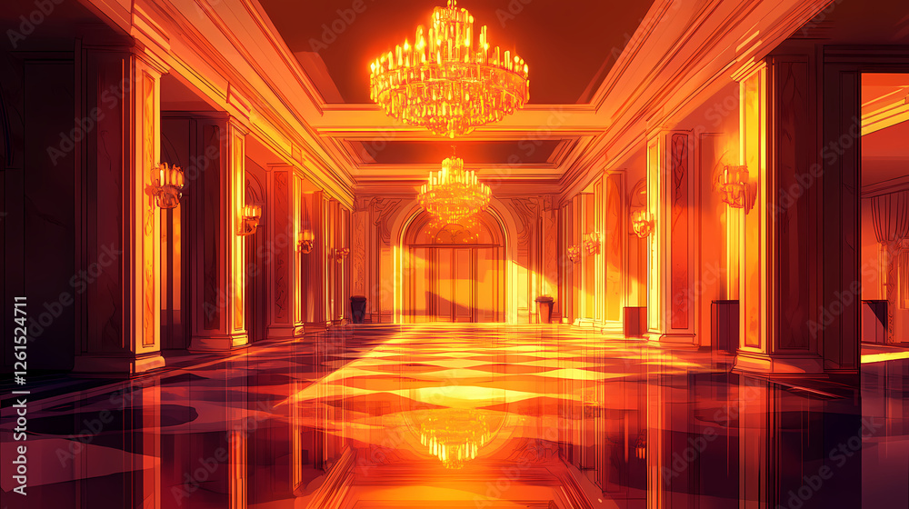 Obraz premium Expensive interior of the hotel lobby, reception, glossy marble floor with reflection, chandeliers, dim lighting, secular restaurant. Temporal Corridors. Illustration
