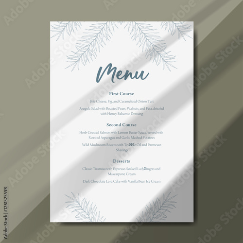 Botanical menu template with clean layout and elegant typography. Perfect for receptions, anniversary, dinners, birthday party and formal gatherings. Printable menu design with size 5