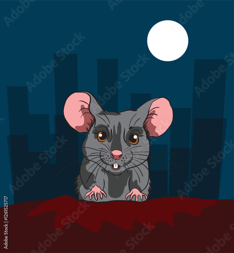 Cute rat peeking over red surface with city in background