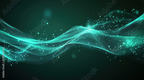 Abstract background with glowing lines and dots in teal color on a dark green background