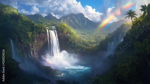 Tropical waterfall paradise, rainbow, lush valley. Travel poster
