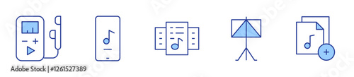 mp player, music app, music files, music stand, add. Music Icon vector illustration. Line Duotone style. Editable stroke