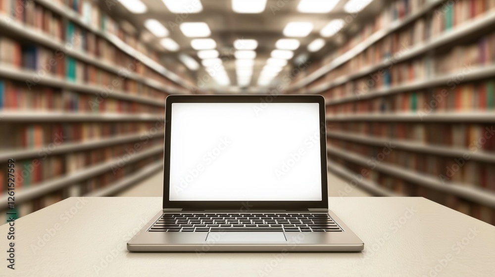 laptop computer with a blank white screen on a white table. The laptop is silver in color and has a black keyboard. The background is blurred 