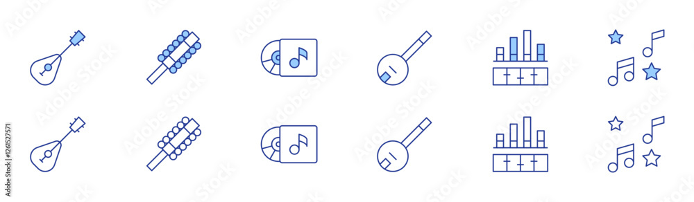 Music icon set in two styles, Duotone and Thin Line style. Editable stroke. mandolin, banjo, sleigh bell, equalizer, music album, musical notes Music icon set in two styles, Duotone and Thin Line style. Editable stroke. mandolin, banjo, sleigh bell, equalizer, music album, musical notes