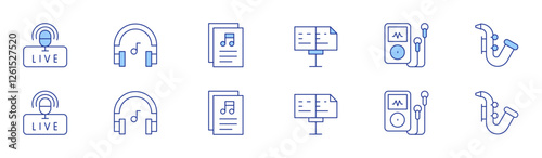 Music icon set in two styles, Duotone and Thin Line style. Editable stroke. live, headphones, music, music sheet, music player, saxophone